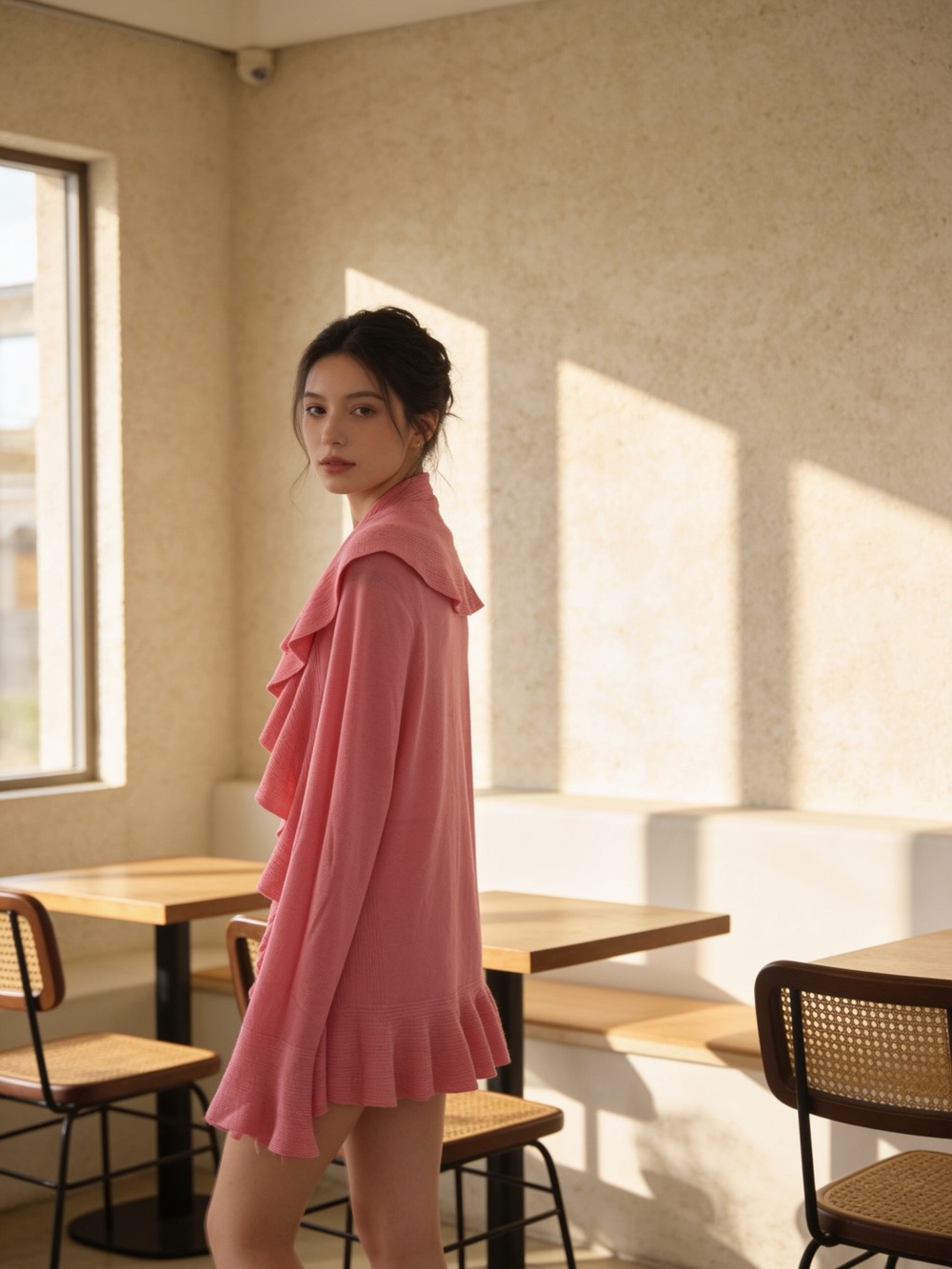 Pure Cashmere Open Front Cape with All Around Ruffle Trim. Pink.